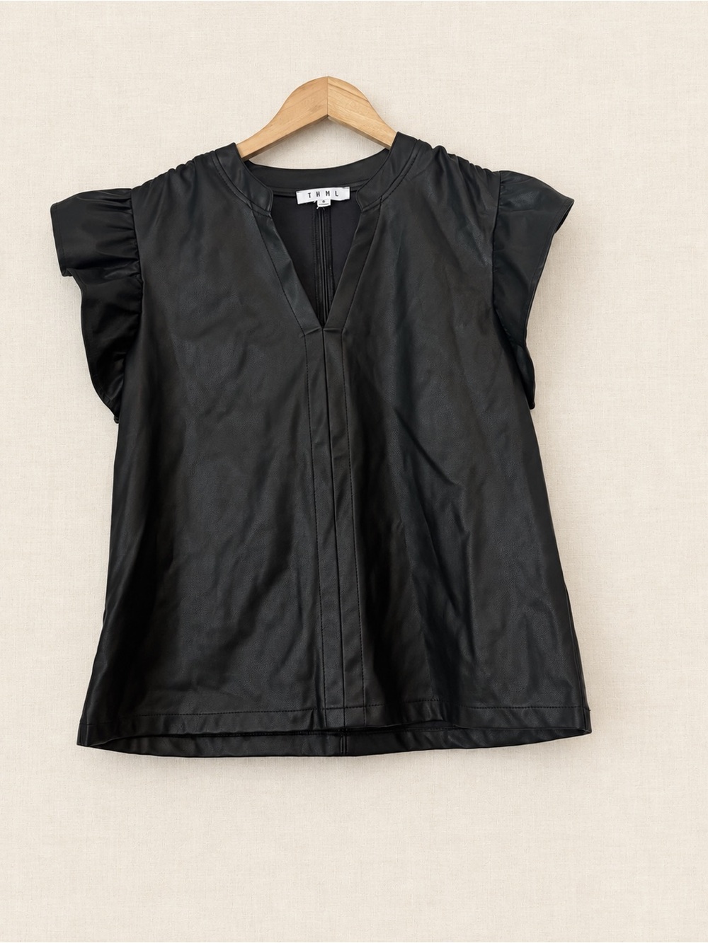 THML Black Faux Leather Flutter-Sleeve V-Neck Top